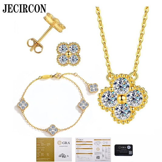 JECIRCON 925 Sterling Silver Moissanite Jewelry Set  4 Petal Flowers Pendant Necklace Bracelet Earrings for Women Gold Color