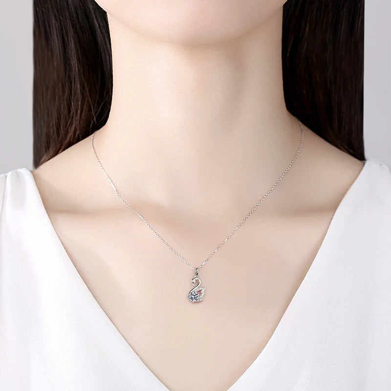 JoyceJelly 925 Sterling Silver Jewelry Women's Pendant Necklace 1 Carat Moissanite Created Diamond Fashion Swan Clavicle Chain