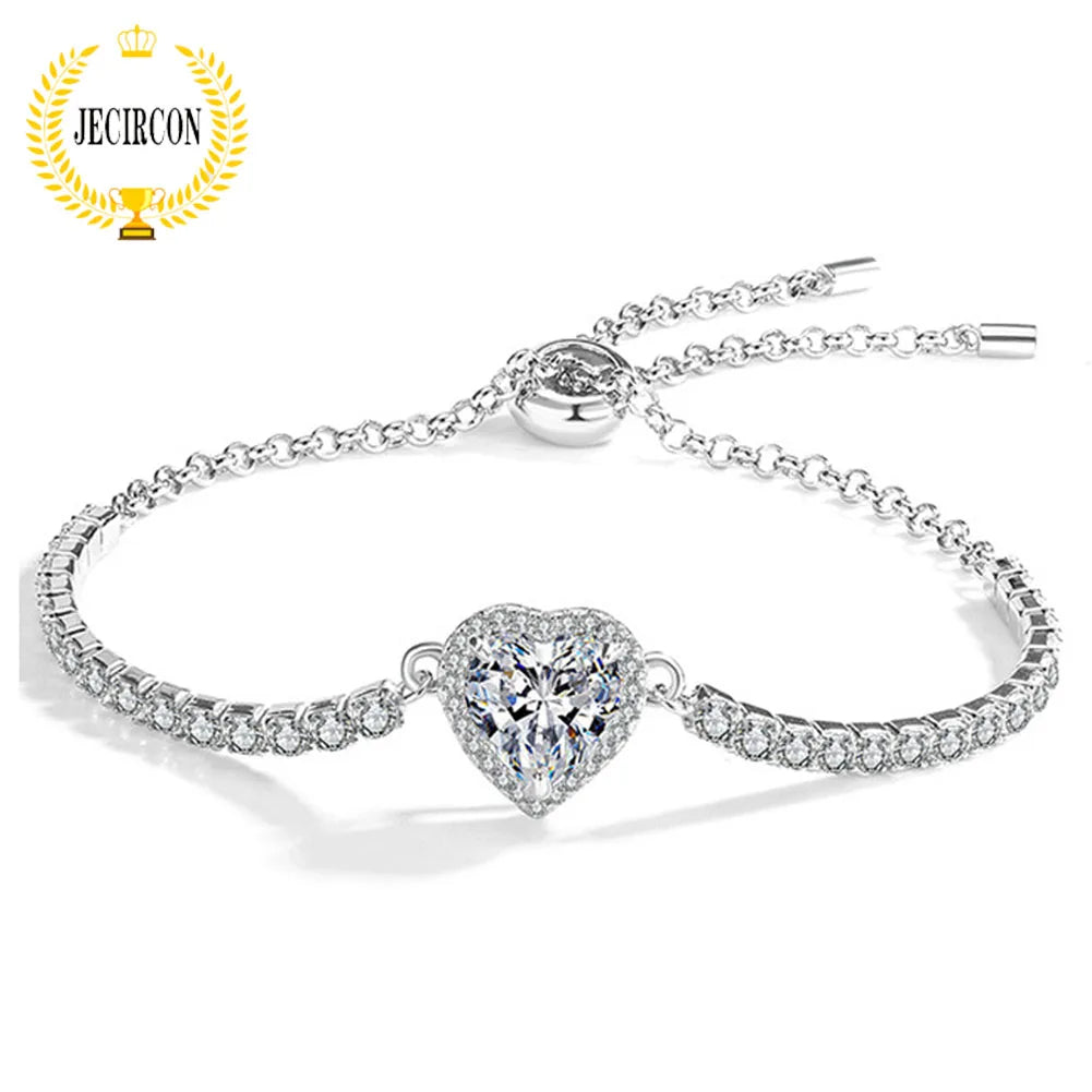 JECIRCON 925 Sterling Silver Moissanite Bracelet 1/2 Carat Heart-shaped Push-pull Adjustable Chain Fashionable Jewelry for Women