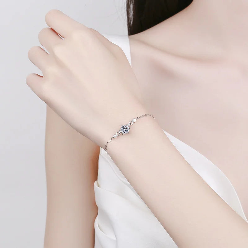 JoyceJelly S925 Sterling Silver Classic Six Claw 1 Carat D Color Moissanite Diamond Bracelet Girls Niche Design Luxury Jewelry