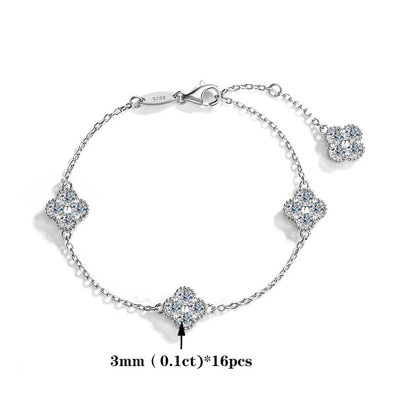 JECIRCON S925 Sterling Silver Moissanite Bracelet for Women 4 Small Petals Flower Light Luxury Exquisite Elegant Jewelry Gift