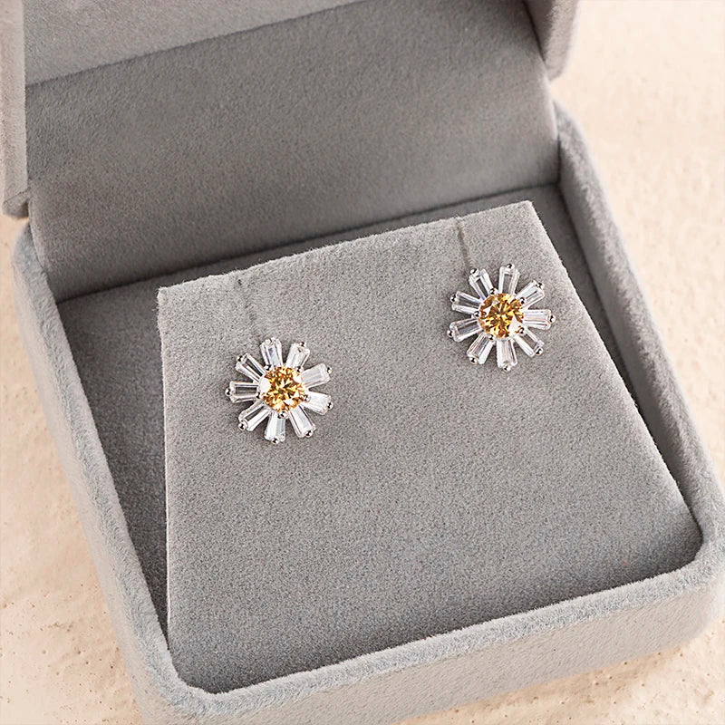 JoyceJelly Round 0.5ct Moissanite Earrings For Women Sterling Silver 925 Jewelry Sunflower Daisy Ear-studs For Girls Lovely Gift