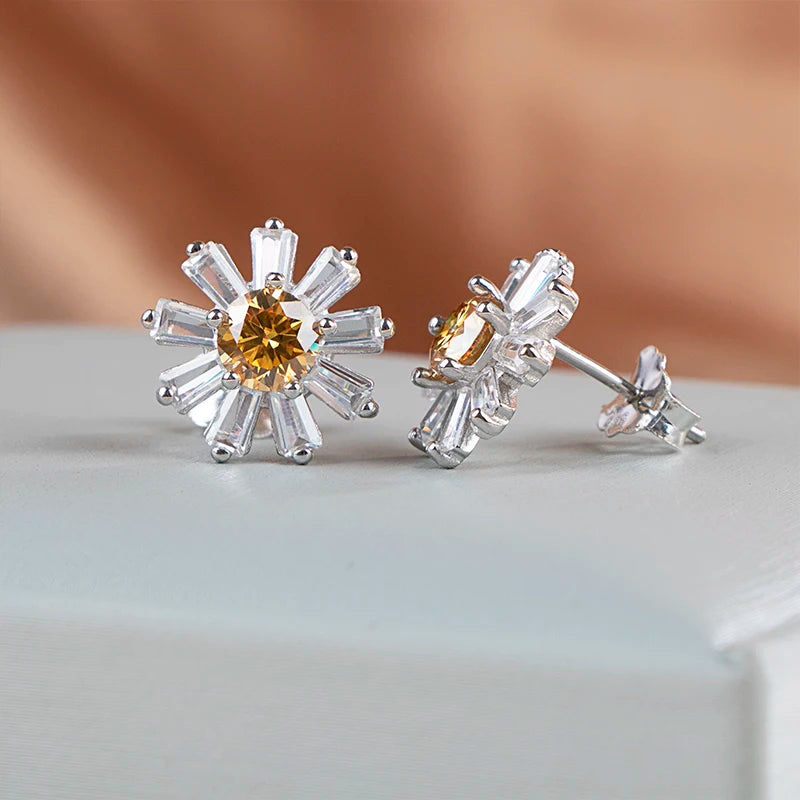 JoyceJelly Round 0.5ct Moissanite Earrings For Women Sterling Silver 925 Jewelry Sunflower Daisy Ear-studs For Girls Lovely Gift