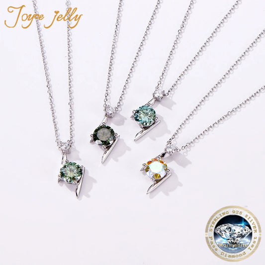 JoyceJelly S925 Sterling Silver Necklace with 1ct Colorful Moissanite Pendant Clavicle Chain GRA Certified Super Shine Gemstone