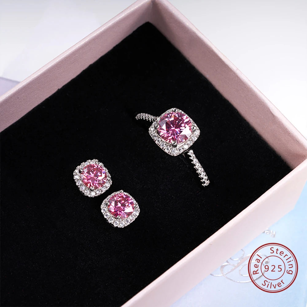 JoyceJelly 3CTTW Pink Color VVS Moissanite Jewelry Sets For Women S925 Sterling Silver Ring Earrings Set For Wedding Engagement