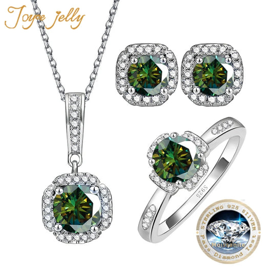 JoyceJelly Women's 1 Carat Moissanite Diamond Jewelry S925 Sterling Silver Ring Necklace Earring Three Piece Set For Wedding