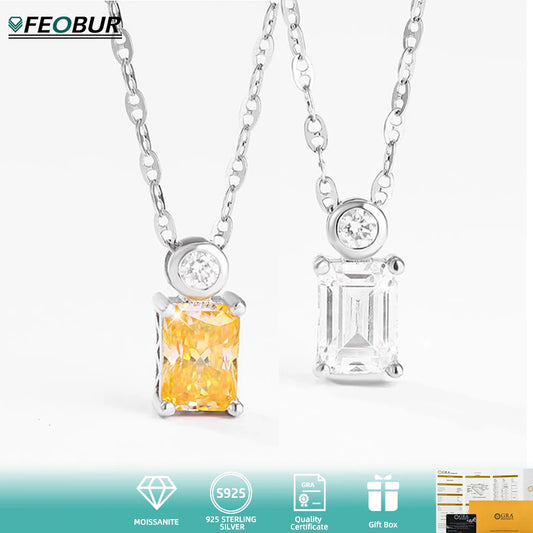 FEOBUR 5*7mm 1CT Emerald Moissanite Necklace for Women S925 Sterling Silver Yellow Simulated Diamond Pandent Necklaces Gift