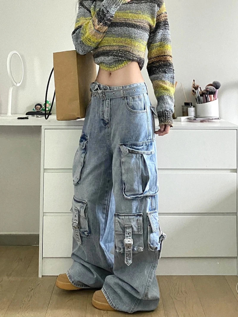 Autumn Winter New Ladies Cargo Jeans American Street Style Baggy Cargo Pants Women Blue Multi-pocket Wide Leg Jeans for Women