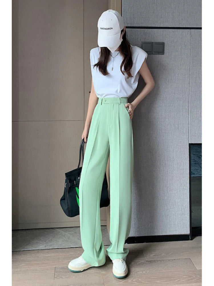 Woman Wide Leg Pants Casual Summer Loose Button Female Ice Silk Floor-Length Office Ladies Suits Pants Ladies Long Trousers