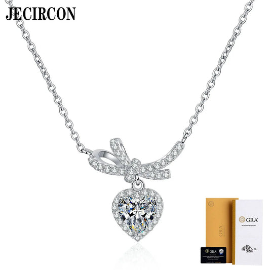 JECIRCON Women Necklace S925 Sterling Silver Moissanite Love Necklace Bow Heart-shaped Pendant Full of Diamonds Princess Style