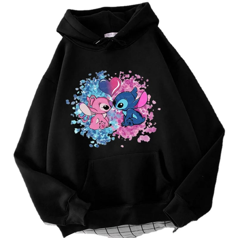 Disney Stitch Hoodies Women Harajuku Pullovers Cute Kawaii Casual Tops O-Neck Angel Print Hooded Sweatshirt Long Sleeves