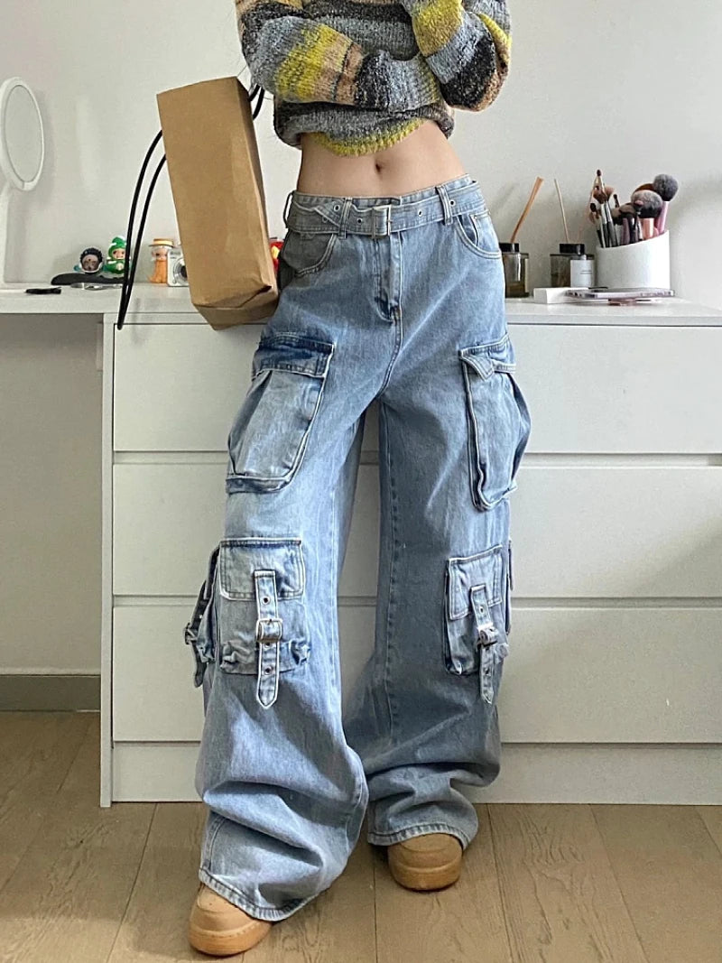 Autumn Winter New Ladies Cargo Jeans American Street Style Baggy Cargo Pants Women Blue Multi-pocket Wide Leg Jeans for Women