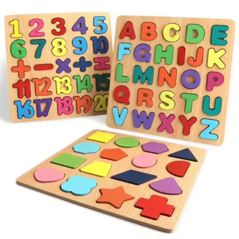 Wooden Puzzles for Children Alphabet Shape Number Puzzle Board Matching Game Educational Montessori Toys for Kid Baby 2 3 4 Year