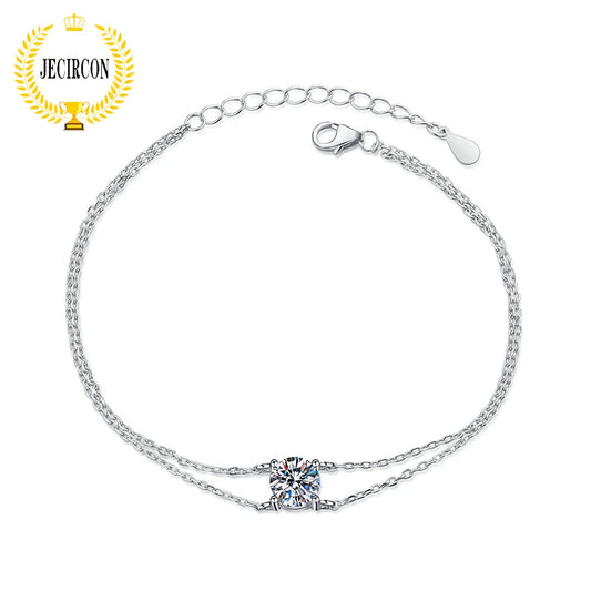 JECIRCON New 4-claw Moissanite Bracelet 925 Sterling Silver Double Layer Light Luxury Versatile 1 Carat Hand Chain for Women