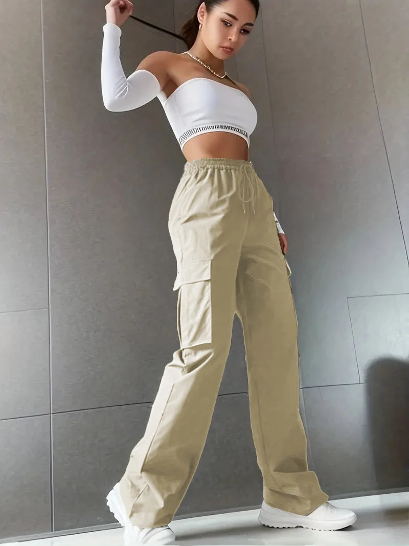 Women's High Waisted Wide-Leg Pants with Multiple Pockets for Casual and Athleisure Wear