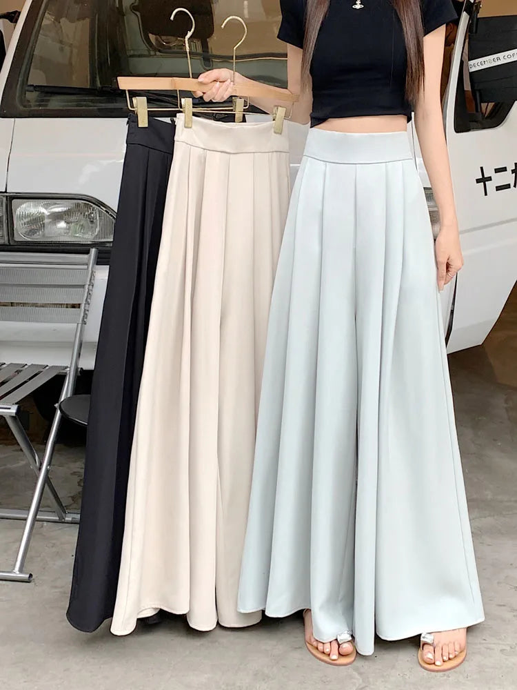 Summer Pants Women's Solid Pleated High Waist Smocked Lounge Trousers Casual Loose Wide Leg Palazzo Pants