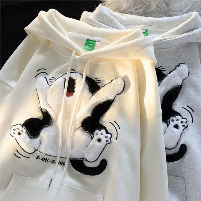 Japanese Kawaii Flock Embroidery Cartoon Cat Patchwork Hoodies Thicken Kangaroo Pocket Baggy Street Sweatshirt All-Matching Top