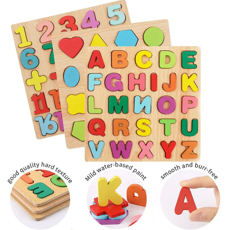 Wooden Puzzles for Children Alphabet Shape Number Puzzle Board Matching Game Educational Montessori Toys for Kid Baby 2 3 4 Year