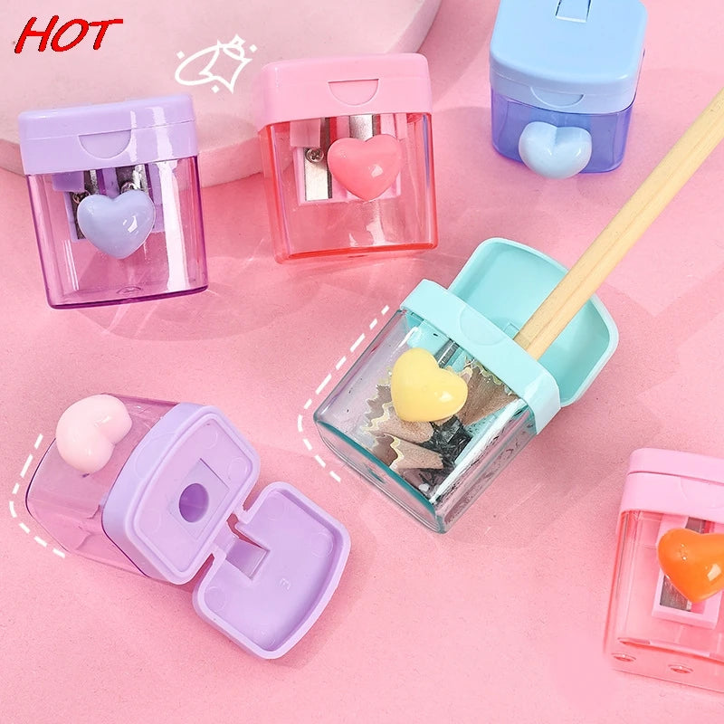 Mini Single Double Holes Heart Sharpener Portable Clear Pencil Sharpener With Lid Class Rewards Party Supplies For Children Gift