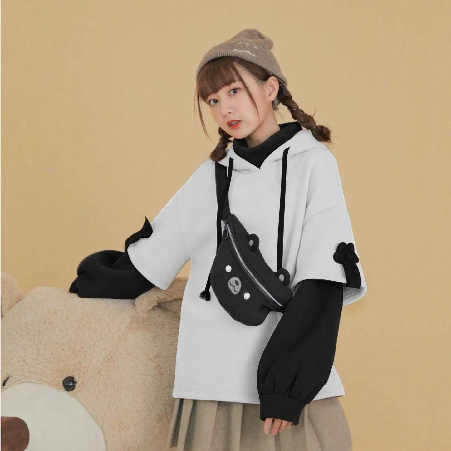 Kawaii Cute Oversize Hoodie With Bear Bag Womens Autumn Patchwork Sweatshirts Pullovers Japanese Streetwear Aesthetic Hoodies