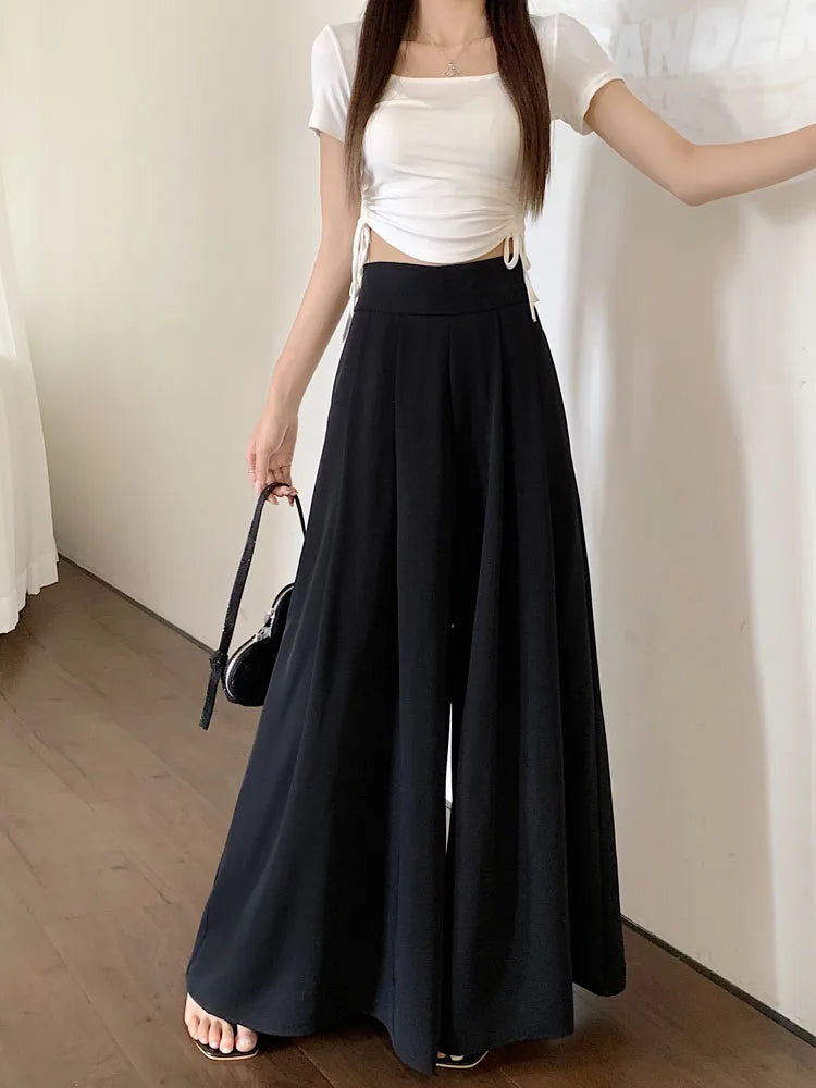 Summer Pants Women's Solid Pleated High Waist Smocked Lounge Trousers Casual Loose Wide Leg Palazzo Pants