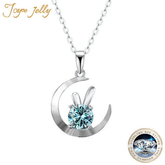 JoyceJelly 1ct D Color Moissanite 925 Sterling Silver Necklace For Women Moon Rabbit Pendant Clavicle Chain Gift For Girlfriend