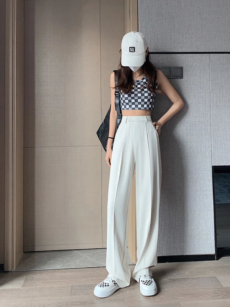 Woman Wide Leg Pants Casual Summer Loose Button Female Ice Silk Floor-Length Office Ladies Suits Pants Ladies Long Trousers