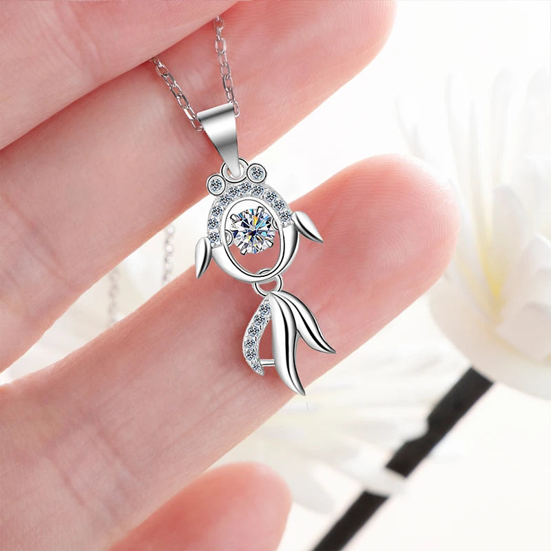 JoyceJelly 4MM 0.3CT Moissanite Diamond Necklace 925 Sterling Silver Jewelry Koi Fish Pendant For Women Girl Birthday Party Gift