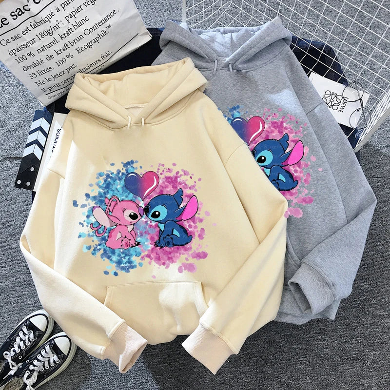 Disney Stitch Hoodies Women Harajuku Pullovers Cute Kawaii Casual Tops O-Neck Angel Print Hooded Sweatshirt Long Sleeves