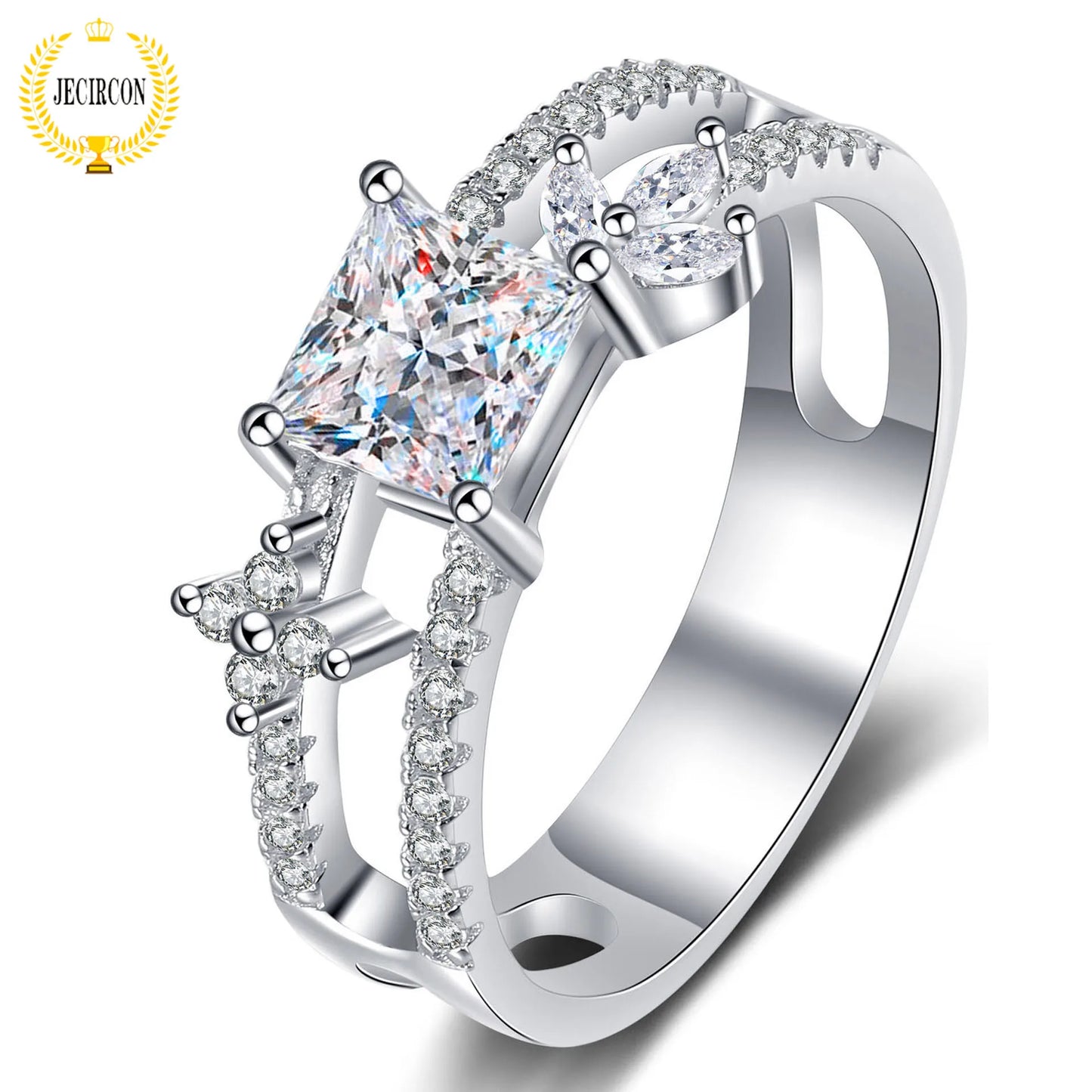 JECIRCON 1 Carat Princess Square Moissanite Fashion Ring 925 Sterling Silver Plated pt950 Gold Wedding Party Jewelry for Women