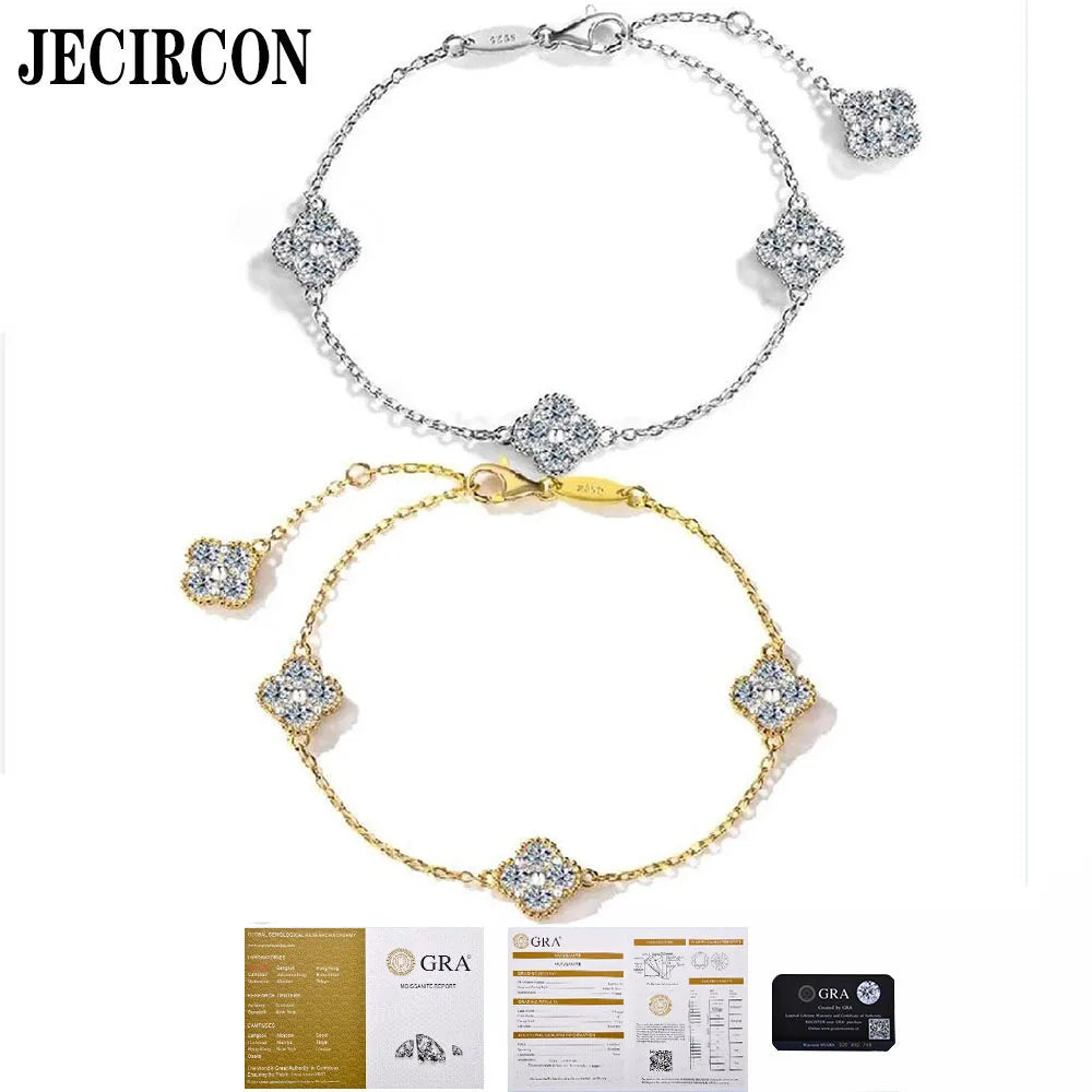 JECIRCON S925 Sterling Silver Moissanite Bracelet for Women 4 Small Petals Flower Light Luxury Exquisite Elegant Jewelry Gift