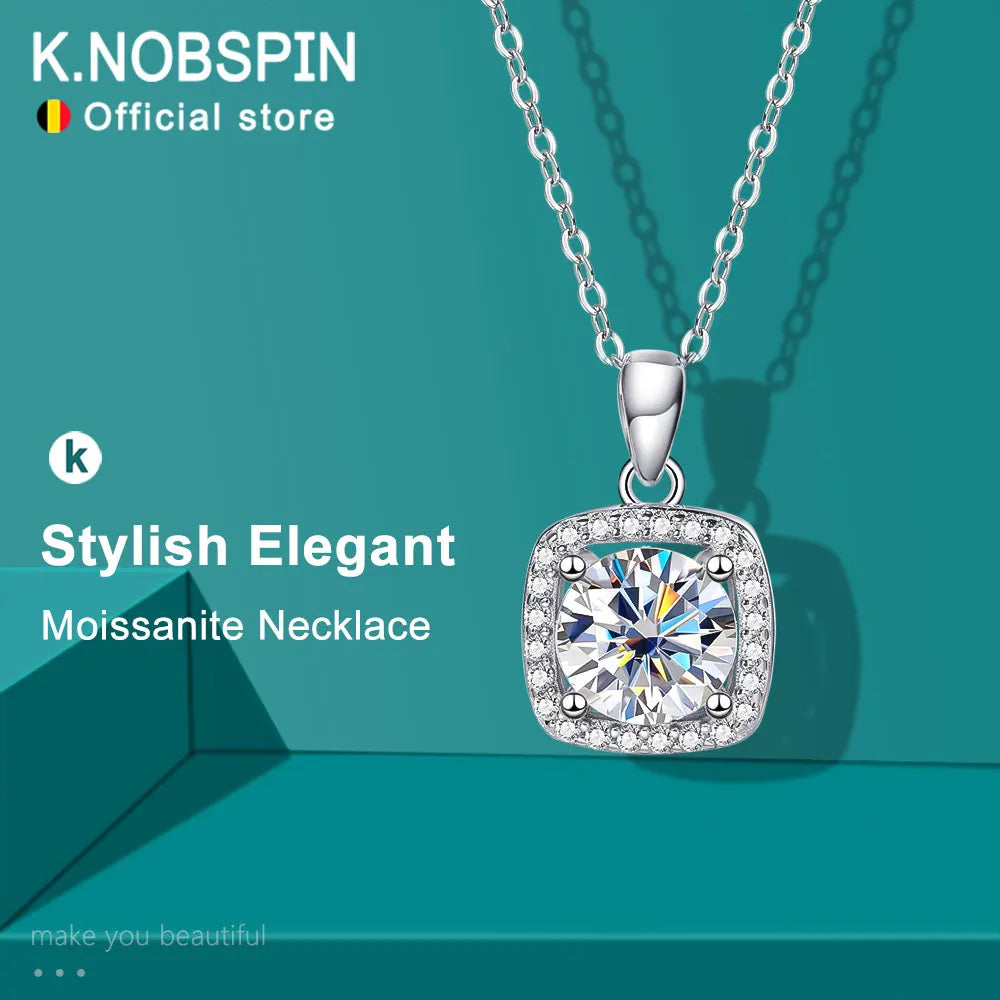 KNOBSPIN D VVS1 Moissanite Pandent Necklace for Women Sparkling Wedding Jewelry with GRA 925 Sterling Sliver Plated 18k Necklace