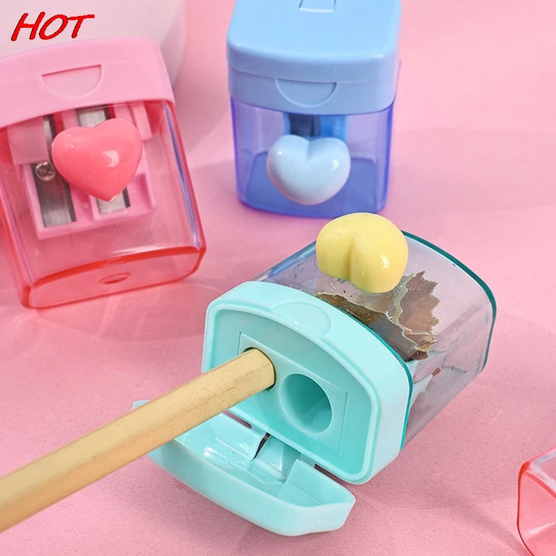 Mini Single Double Holes Heart Sharpener Portable Clear Pencil Sharpener With Lid Class Rewards Party Supplies For Children Gift