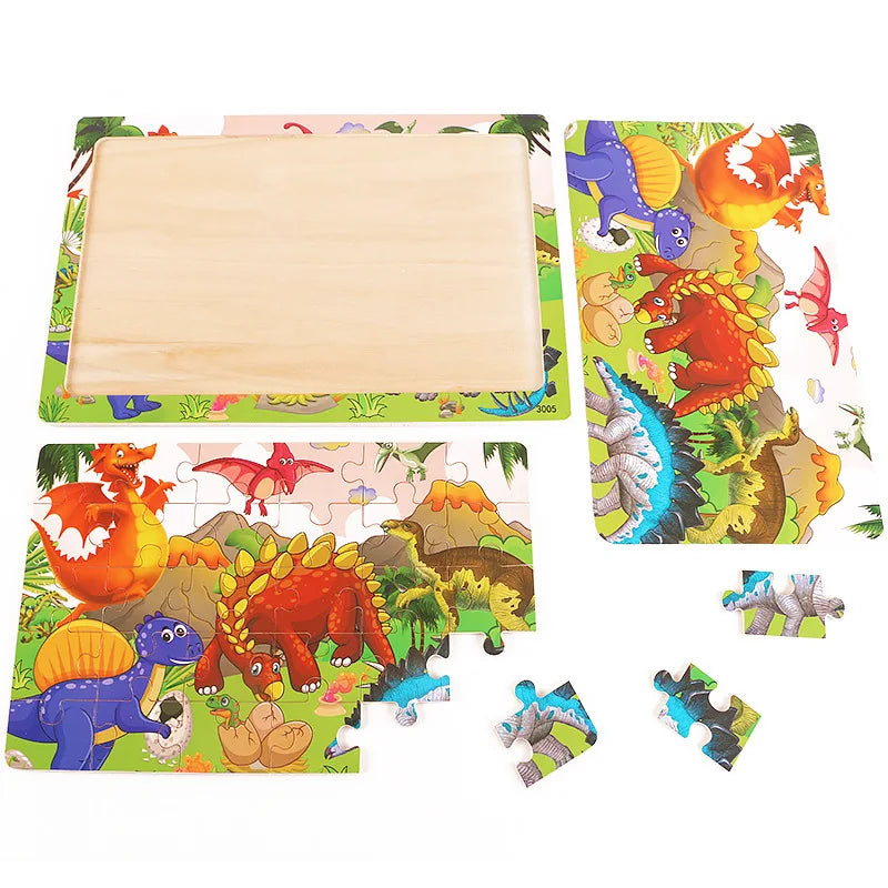 Wooden 30pcs Puzzles Children Animal Dinosaur Cartoon Plane Puzzle Baby Early Education and Intellectual Building Block Toys