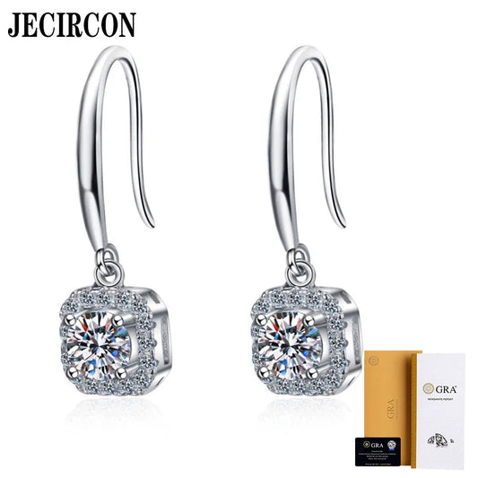 JECIRCON 925 Sterling Silver Earrings Moissanite Ear Hooks for Women 0.5 Carat Diamond Square Bag Ear Pendants Precision Quality