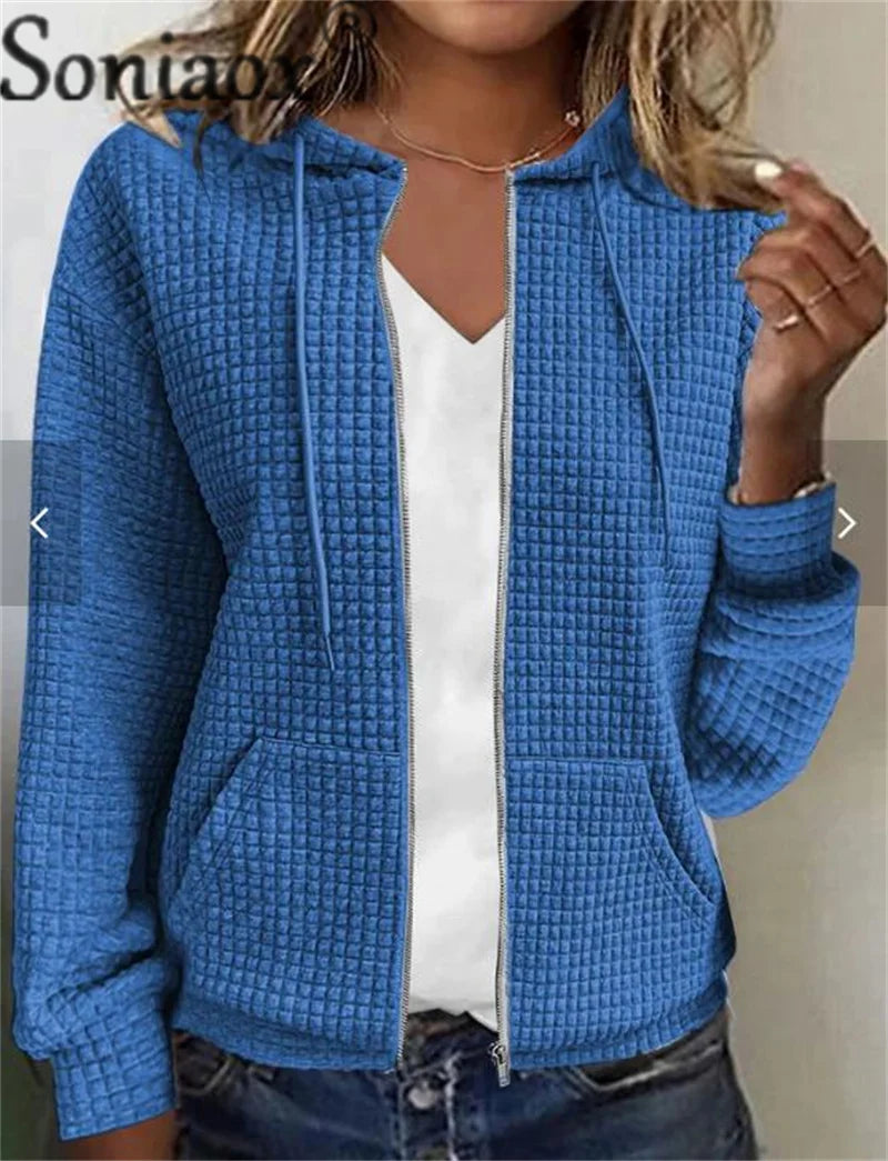 Fashion Small Plaid Jacquard Fabric Zipper Cardigan Hooded Sweatshirt Women Autumn Winter Double Pockets Hoodie Female Outerwear