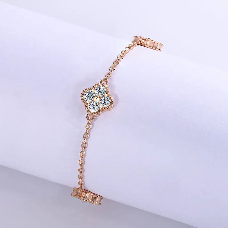 JECIRCON S925 Sterling Silver Moissanite Bracelet for Women 4 Small Petals Flower Light Luxury Exquisite Elegant Jewelry Gift