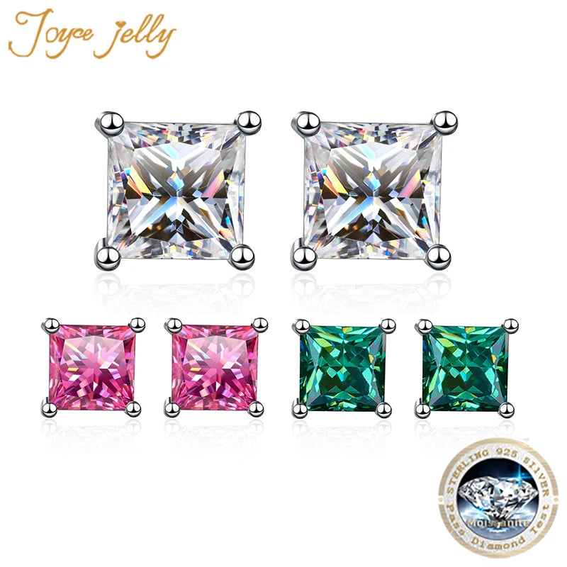 JoyceJelly D color VVS Princess Cut 1.2/2/4CT Moissanite Stud Earrings For Women Men's Ear Studs S925 Sterling Silver Jewelry