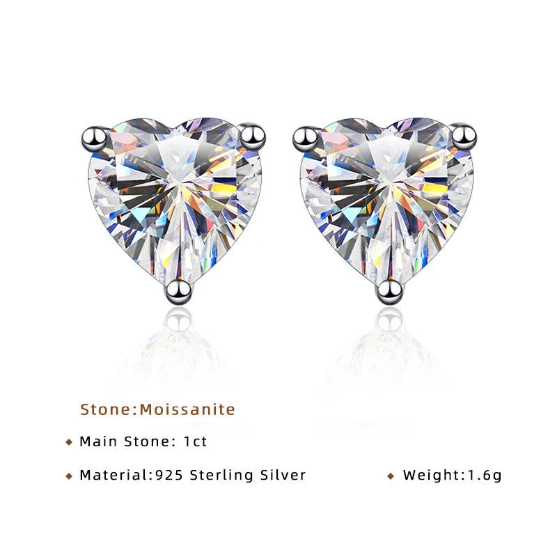 JoyceJelly Female 2CT 4CT Heart-shaped Moissanite Diamond Earrings Simple S925 Sterling Silver Plated With Pt950 Gold Ear Studs