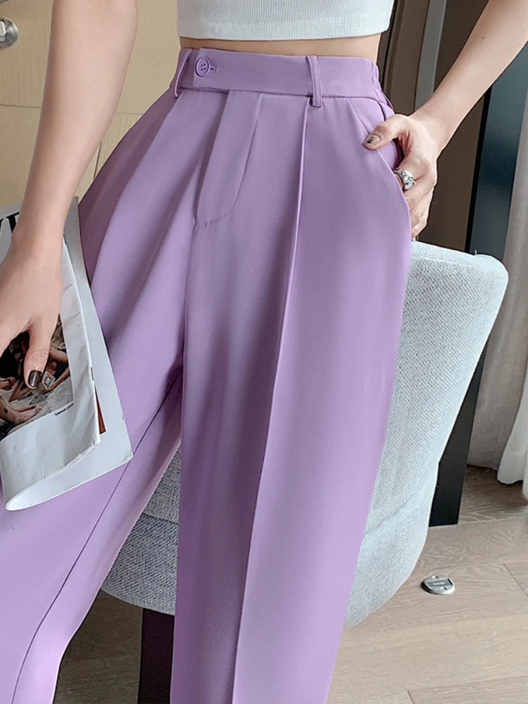 Woman Wide Leg Pants Casual Summer Loose Button Female Ice Silk Floor-Length Office Ladies Suits Pants Ladies Long Trousers