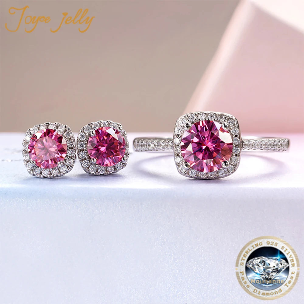 JoyceJelly 3CTTW Pink Color VVS Moissanite Jewelry Sets For Women S925 Sterling Silver Ring Earrings Set For Wedding Engagement