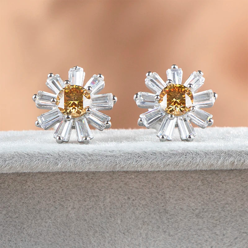 JoyceJelly Round 0.5ct Moissanite Earrings For Women Sterling Silver 925 Jewelry Sunflower Daisy Ear-studs For Girls Lovely Gift