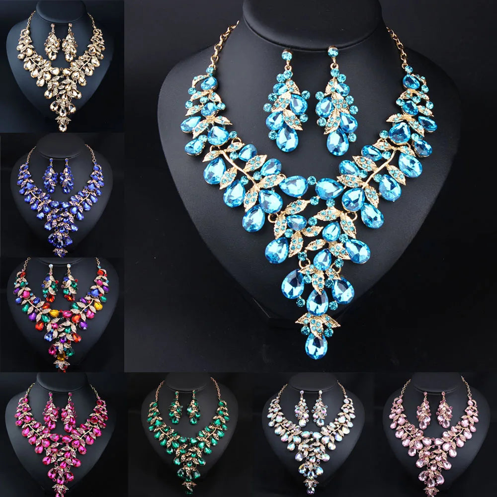 Crystal Statement Necklace Earrings Set Fashion Women Rhinestone Choker Jewelry Sets Indian Bridal Wedding Costume Jewellery Set