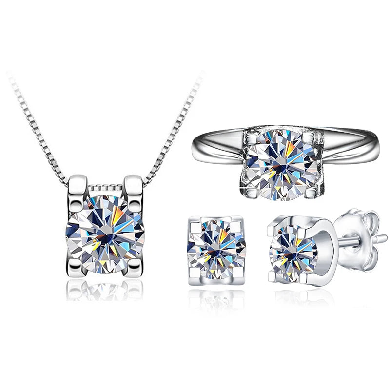 JoyceJelly 1ct D Color VVS Moissanite Jewelry Sets 925 Sterling Silver Earrings Ring Necklace Women's Wedding Three Piece Sets