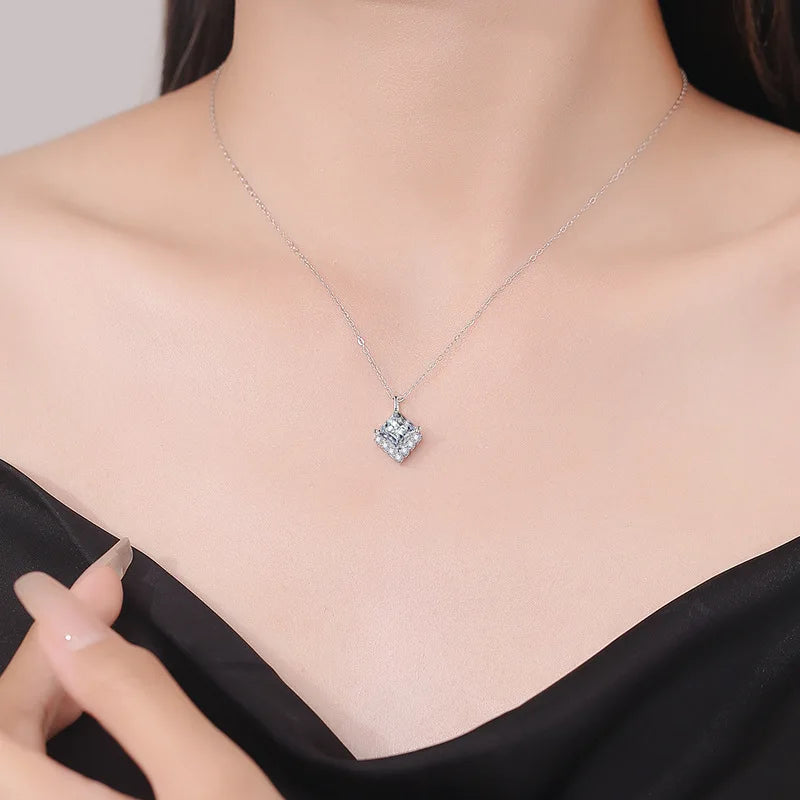 JECIRCON S925 Sterling Silver Necklace Female High-end Princess Sugar Cube Shaped Moissanite Diamond Pendant Jewelry 2ct 7x7mm